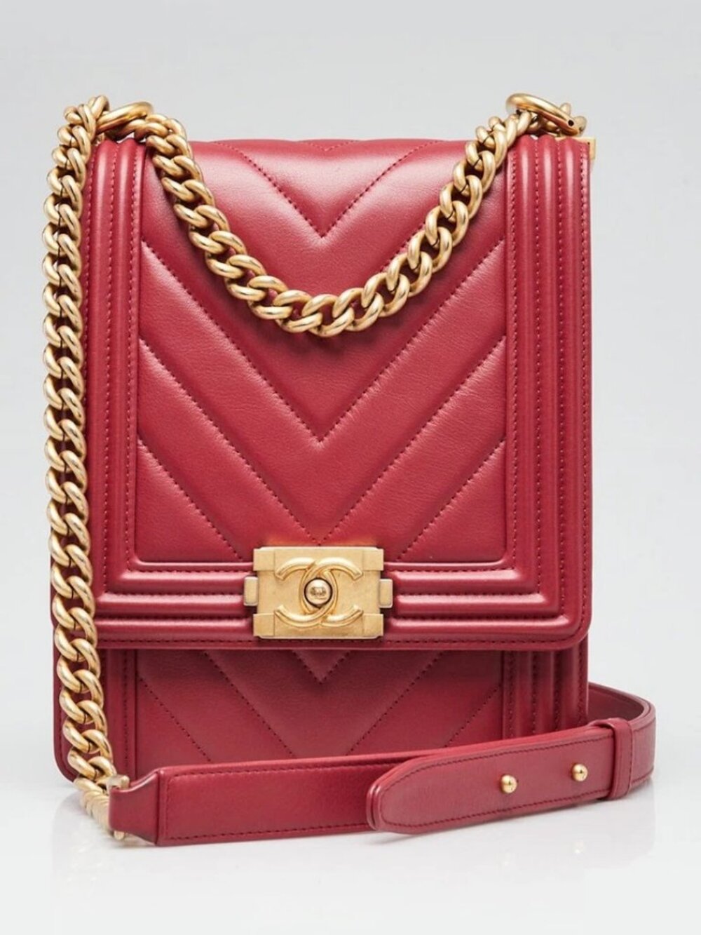 Chanel Red Chevron Quilted Lambskin Leather North/South Boy Bag